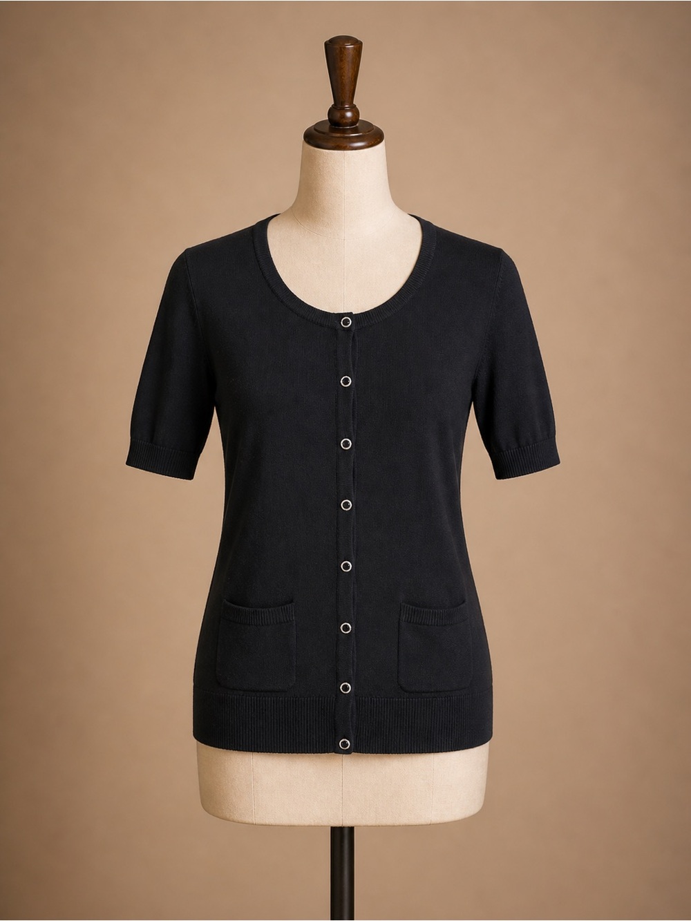 Women’s Black Button-Front Short Sleeve Cardigan